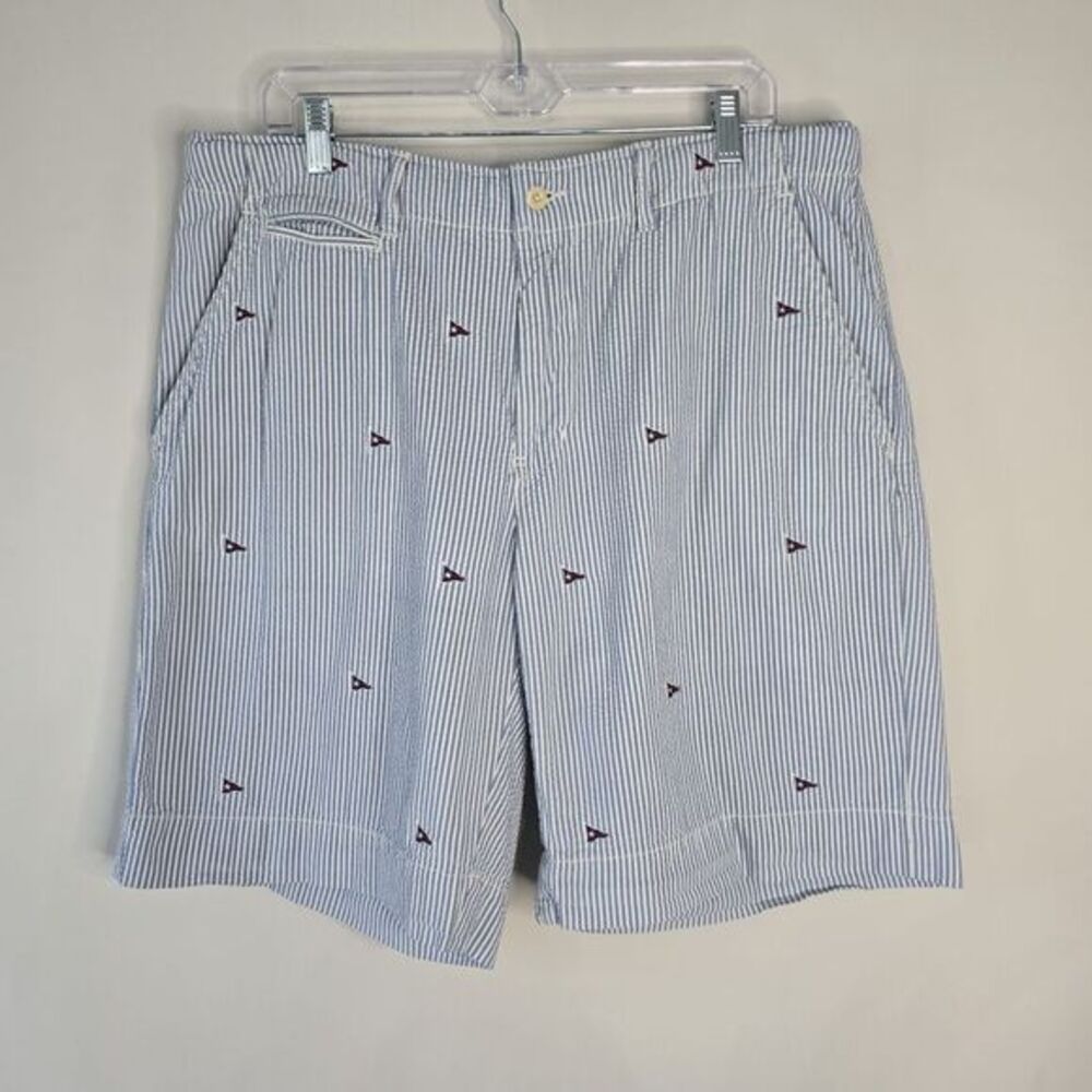 Polo Ralph Lauren Shorts Mens Size 36 Blue White Striped Seersucker Flags Pocket